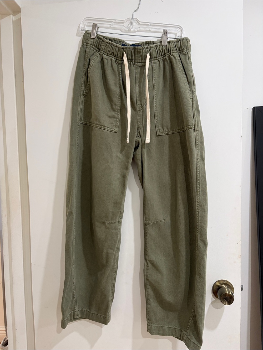 Women's Olive Green Barrel Jeans with Drawstring Waist